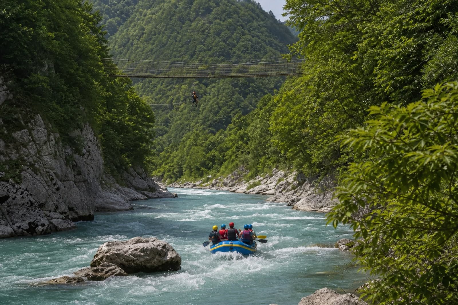 Горная река в ущелье с быстрым потоком и холодной водой для рафтинга.
