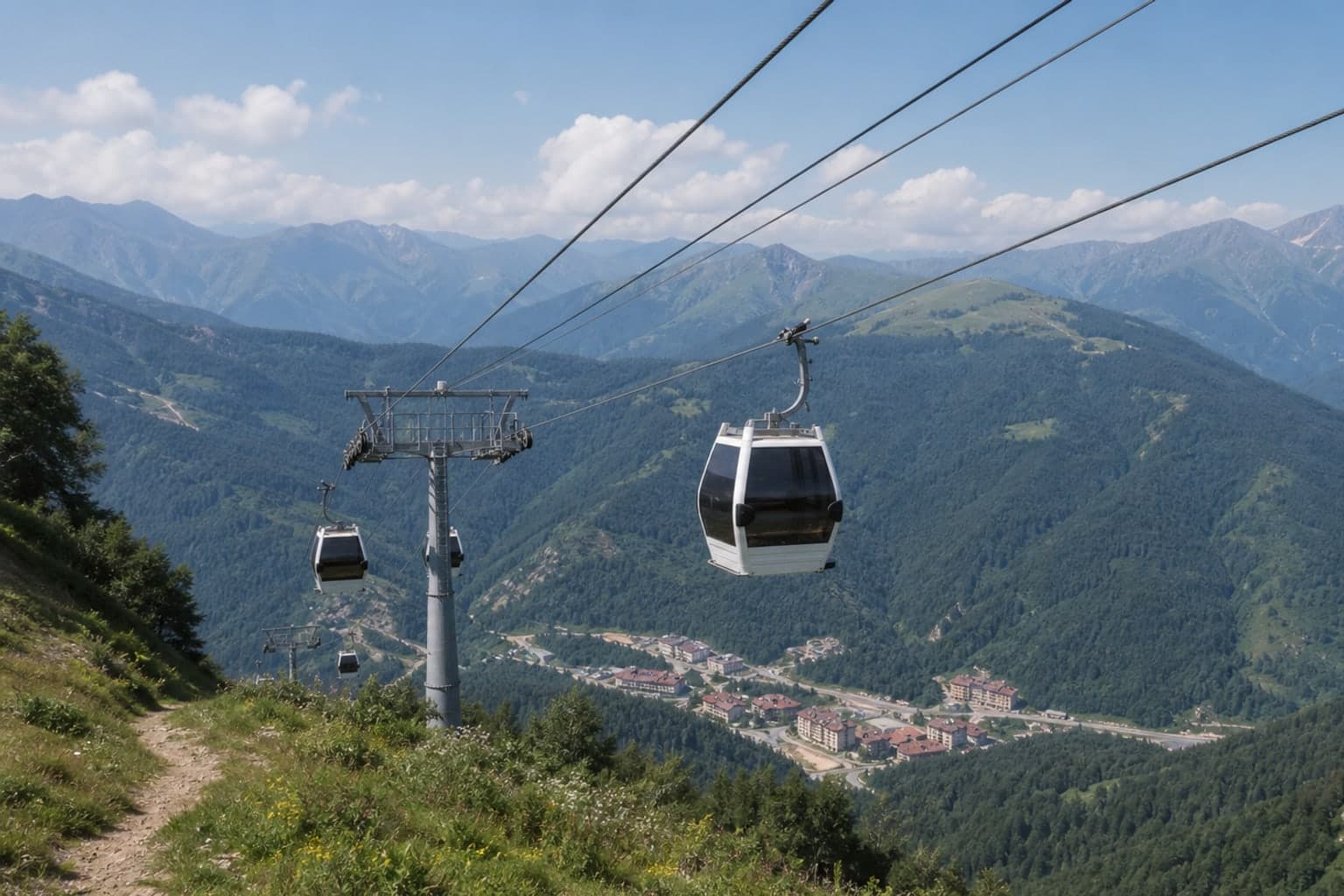 Gazprom Polyana gondola above green mountain slopes.