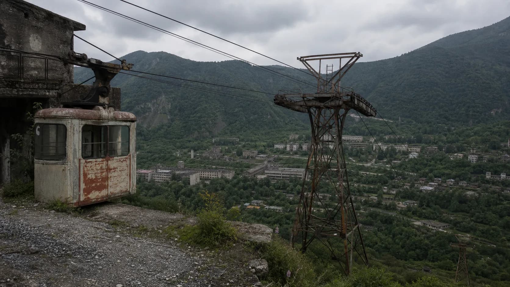 Tkvarcheli Cable Car Ruins Over the Valley